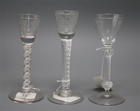 Two 18th century cordial glasses and a similar wine glass, H 17.5cm (tallest)